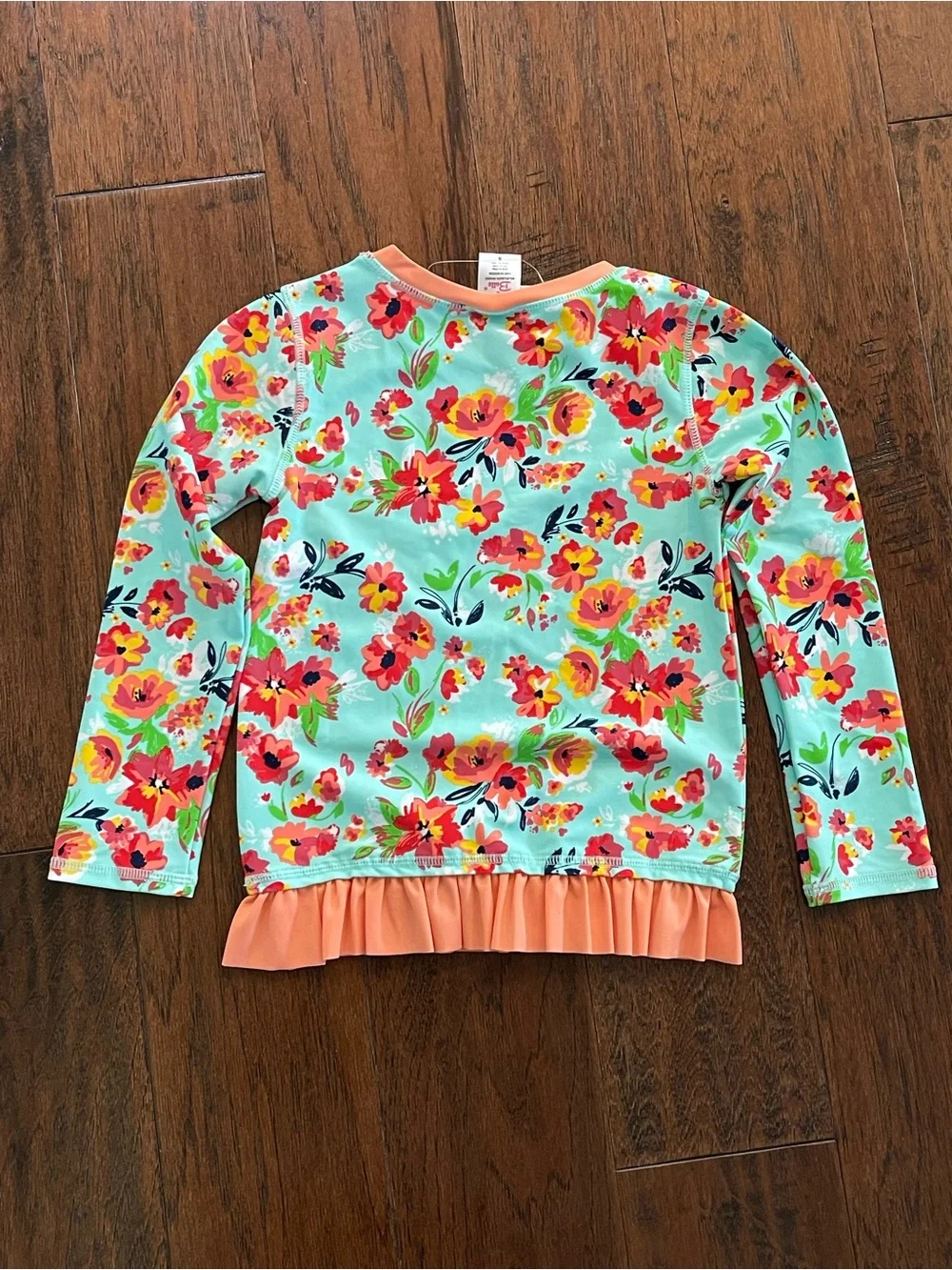 Ruffle Butts Aqua Floral Long-Sleeve Rashguard Set with Coral Ruffle Trim